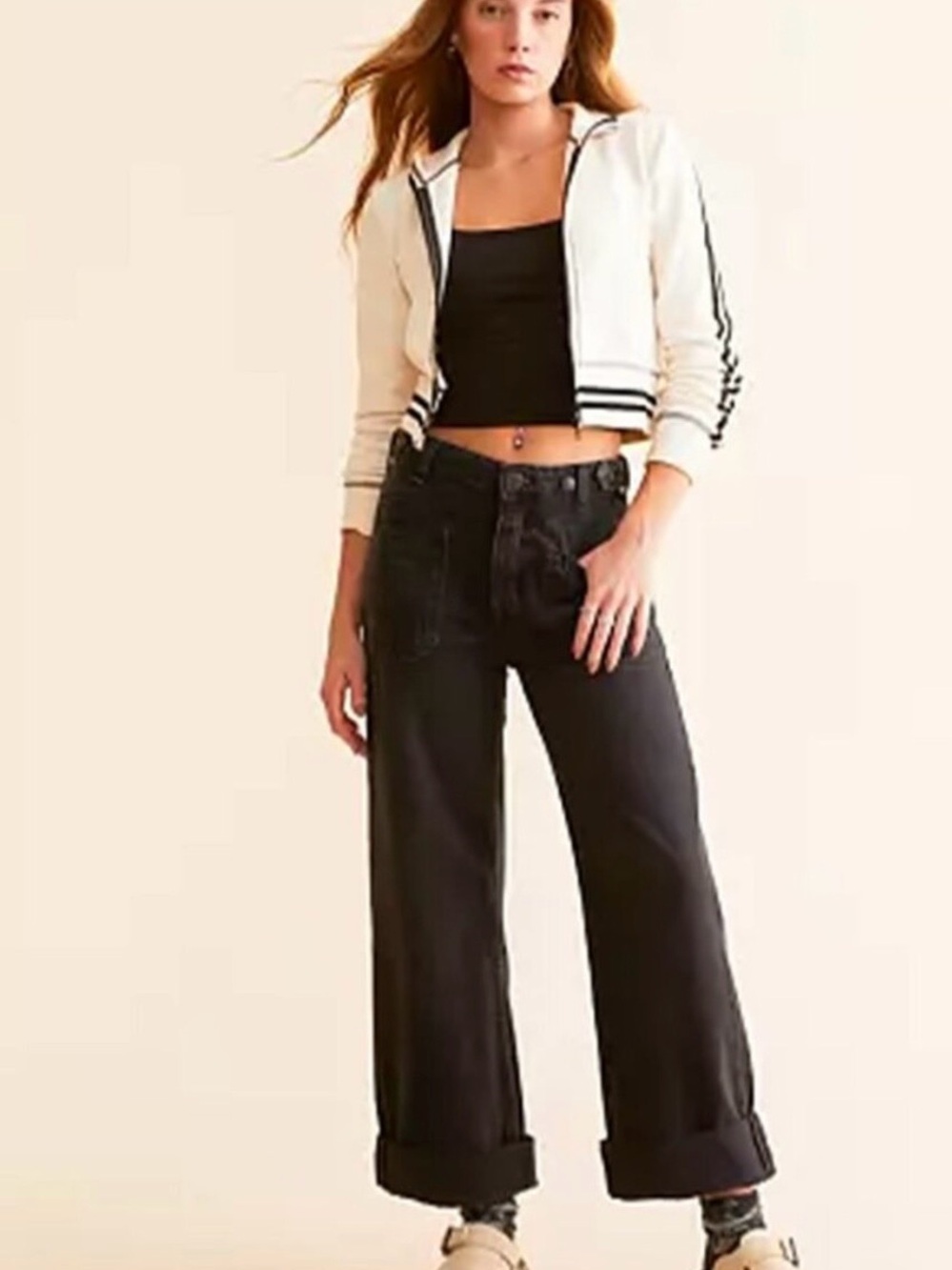 We The Free Black Wide Leg Cuffed Jeans